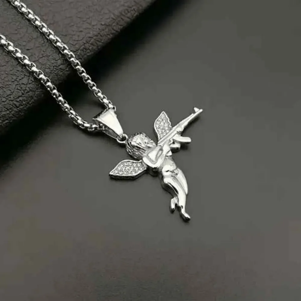 Diamond Angel Cherub Cupid AK47 Gun White Gold Plated Pendant Necklace